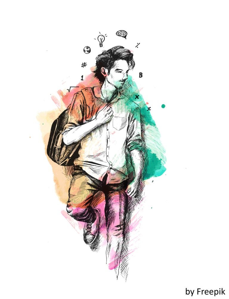 Back to school Sketch of College Student Holding bag on Isolated